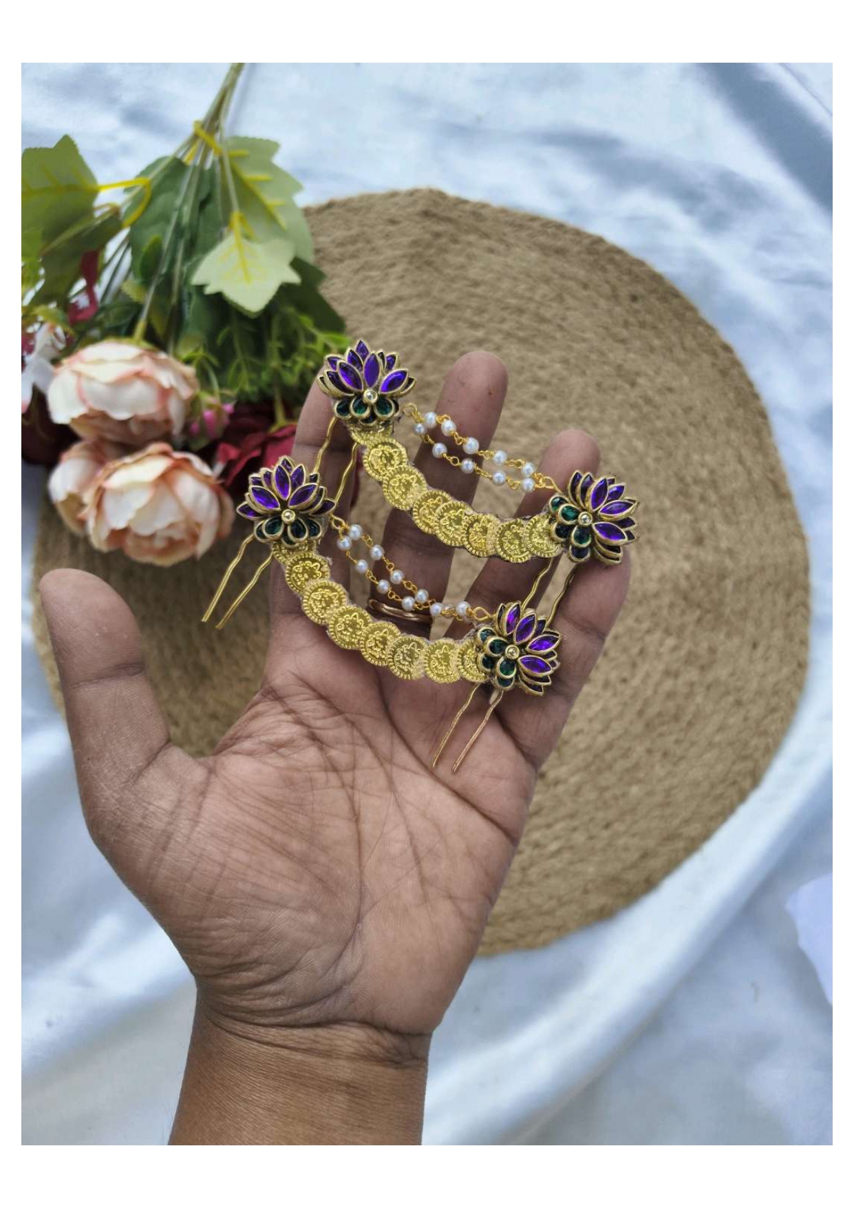 Lotus with coin pearl chain Jada pillai 
