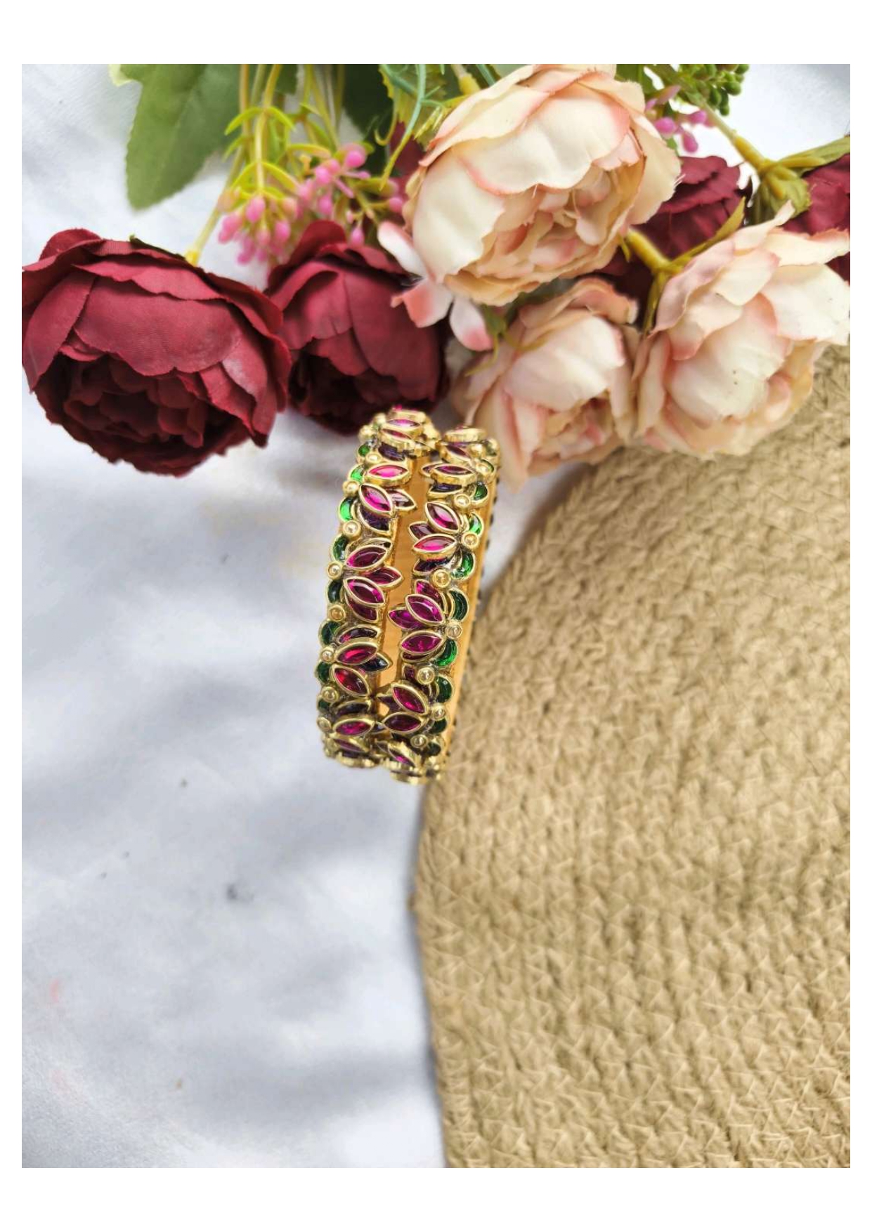 Lotus bangles ( Rani pink with green leaves)