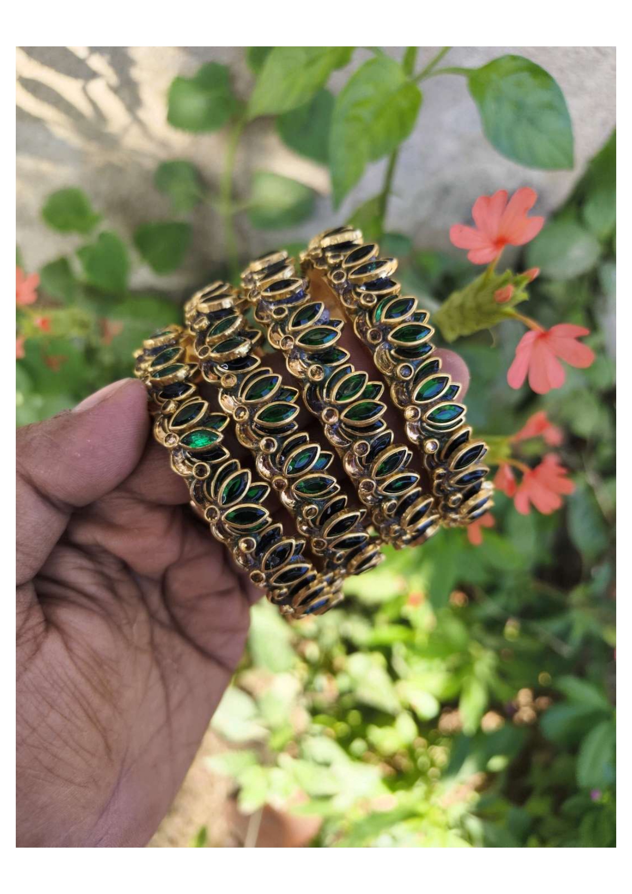 Lotus bangles (Dark green with golden leaves)